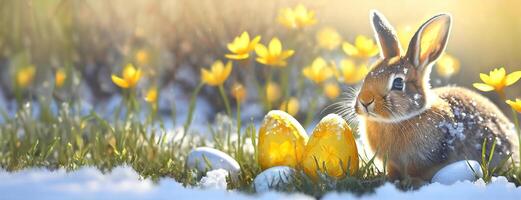 ai generado Pascua de Resurrección conejito en soleado jardín con decorado dorado huevos y amarillo flores con último derritiendo nieve antecedentes. panorama con Copiar espacio. foto