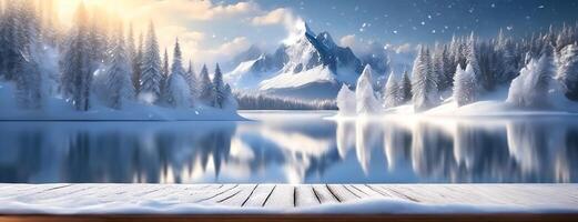 AI Generated Snowy winter landscape with wooden pier leading to a frozen lake. A tranquil cold nature, surrounded by snow-covered pine trees. Coniferous forest background. photo