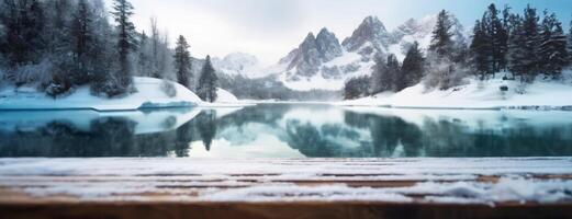 AI Generated Empty wooden table top and snowy winter forest with frozen lake and mountains on background. Panorama with copy space for product advertising. photo