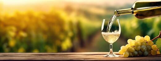 AI Generated White Wine Tasting in a Vineyard at Sunset. Pouring an alcoholic drink into a glass against sunlit nature background. Panorama with copy space. photo