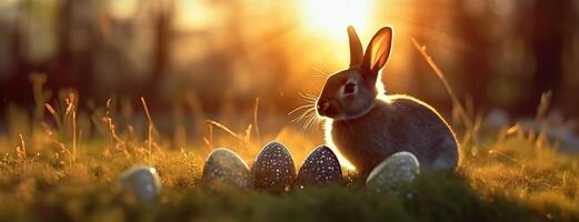 AI Generated Easter symbols of rebirth, the bunny and eggs, bask in the tranquil evening sunlight. The soft light of dusk casts a serene glow on a peaceful scene, embodying the spirit of spring photo