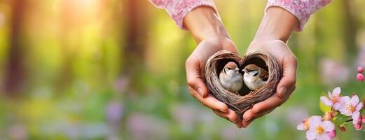 AI Generated Female hands holding a cozy heart shaped nest with two sparrow birds inside their home. Holiday background for Valentines Day. Blurred sunny early spring forest with copy space. Panorama. photo