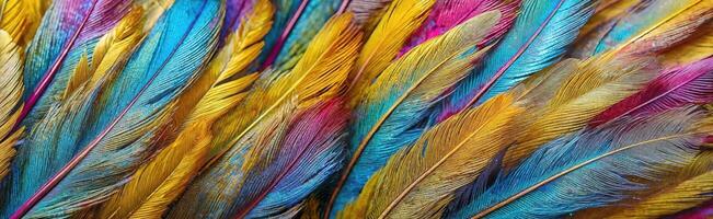 AI Generated Vibrant and colorful feathers arranged in a tight, overlapping pattern, carnival festivities and costumes. The detailed texture and iridescence, spirit and dynamic atmosphere of a photo