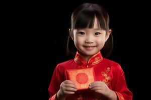 ai generado joven hermosa niña vistiendo qipao vestir y participación aung pao con generativo ai foto