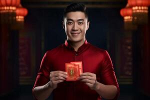 AI generated handsome man wearing red traditional clothes and holding aungpao bokeh style background with generative ai photo