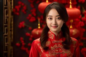 AI generated beautiful chinese woman wearing red traditional clothes bokeh style background with generative ai photo