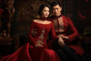 AI generated chinese groom and bride wearing chinese wedding attire with generative ai photo