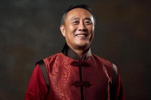 AI generated handsome chinese man wearing red traditional clothes with generative ai photo