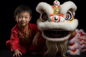 AI generated a young chinese boy with dragon dance mask with generative ai photo