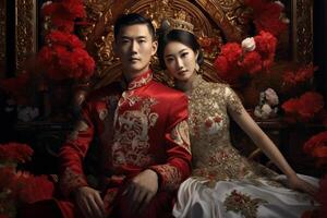 AI generated chinese groom and bride wearing chinese wedding attire with generative ai photo