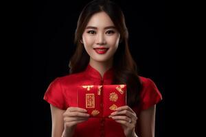 AI generated beautiful woman wearing qipao dress and holding aungpao with generative ai photo