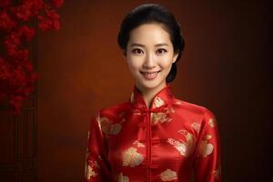 AI generated beautiful chinese woman wearing red traditional clothes with generative ai photo