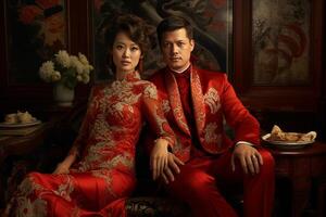 AI generated chinese groom and bride wearing chinese wedding attire with generative ai photo