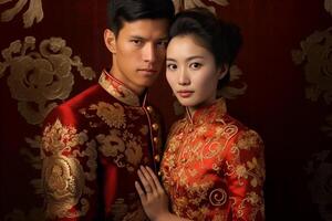 AI generated chinese groom and bride wearing chinese wedding attire with generative ai photo