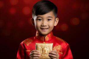 AI generated young handsome boy wearing traditional clothes and holding aungpao bokeh style background with generative ai photo