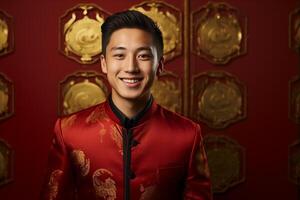 AI generated handsome chinese man wearing red traditional clothes with generative ai photo