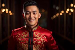 AI generated handsome chinese man wearing red traditional clothes bokeh style background with generative ai photo