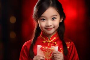 AI generated young beautiful girl wearing qipao dress and holding aungpao bokeh style background with generative ai photo