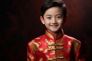 AI generated a young chinese boy wearing red chinese traditional clothes with generative ai photo