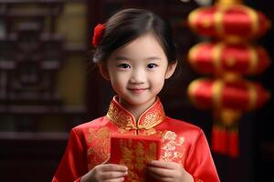 AI generated young beautiful girl wearing qipao dress and holding aungpao bokeh style background with generative ai photo