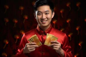 AI generated handsome man wearing red traditional clothes and holding aungpao bokeh style background with generative ai photo