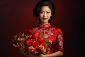 ai generado hermosa chino mujer vistiendo rojo tradicional ropa y participación rojo flores con generativo ai foto