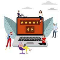 Review and feedback, rate and stars mark, rating quality. Vector star rating on laptop from customers, feedback mark quality, review and ranking, illustration vote and evaluation