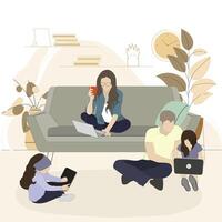 Family spend time with gadgets smartphone laptop or tablet. Together addiction and dependence, watching and using on couch, habit gadget. Vector illustration