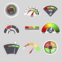 Meter score, credit scale gauge, level measure colored indicator. Vector indicate level, credit satisfaction. Illustration interface credit guage, speedometer indicator graph collection