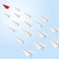 Business leader aiming forward, red paper plane boss. Business follow leader, teamwork and competition, successful winner individual, manager lead. Vector illustration