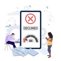 Declined request of loan in mobile banking application. Low credit rating to get cash. Disappointed client get notification from bank about rejected apply. Vector illustration