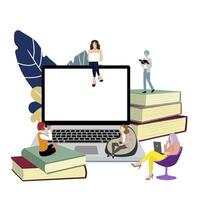 Study online concept. Vector remote education, distance training school, students studying sit on stack books and laptop, university learning illustration