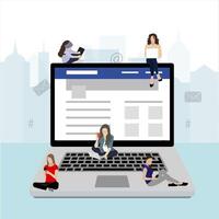 Social media addiction, people use laptop smartphone. Internet communication, community network lifestyle, woman and man follow to content. Vector illustration, social media people