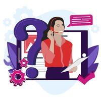 Hotline service online, network help, search faq and assistance, cartoon woman operator, professional support online. Vector illustration