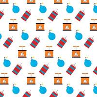 Pattern seamless background with tnt and bomb fuse. Vector illustration. Dynamite design, fire weapon background, splash equipment, bomb attention, dangerous starburst, fabric brust element