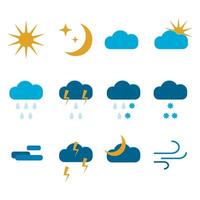 clima íconos conjunto para pronóstico solicitud interfaz. clima pronóstico, malo con tormenta y lluvia, Nevado clima, soleado y cálido, ilustración vector, íconos de diferente clima vector