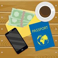 Concept of kit to travel or emigration, cash with id passport top view. Vector illustration. World tourism, business travel, legal immigration, id docment, vacation lifestyle, international passport