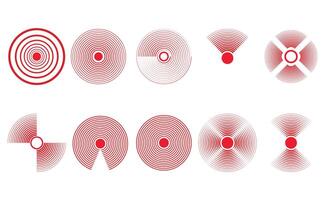 Dot and point of pain, signal of suffer set. Vector illustration. Red radial pain sign, health vector, hurt pictogram, geometric line, body injury, scale coverage, human physical painful