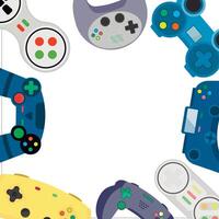 Banner frame with gamepad and joystick for play video game. Vector layout with place for text, controller play for gamer, computer entertainment, electronic joypad banner illustration