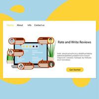 Rate and write review landing page, comment in the internet. Feedback and vote, quality ranking mark, value stars rank service, vector illustration