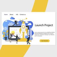 Launch project landing page, startup organization. Vector leader ceo organization startup from laptop, illustration management and marketing