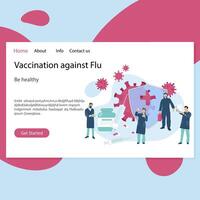 Landing page vaccination against flu and virus. Design of web platfom immunization and prevent corona virus, vector vaccinate and care concept. Illustration vaccination campaign, injection by syringe