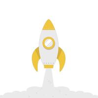 Rocket spaceship launch with white smoke, startup. Shuttle travel and takeoff start up. Vector illustration