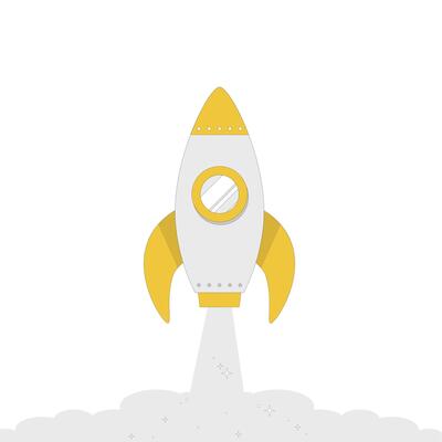 Rocket spaceship launch with white smoke, startup. Shuttle travel and takeoff start up. Vector illustration