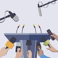 Rostrum with microphones to interview, press conference and claim. Vector stage for news and mass communication media, journalism and broadcasting conference illustration
