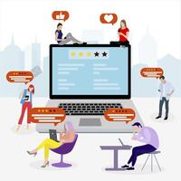 Feedback and reviews concept in the internet. Vector people write feedback and choice ranks, satisfaction experience and support, rating and ranking illustration