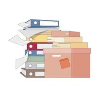 Stack file and folder, lot of work. Vector organize and storage files, overwork documents, folder at workplace, accounting directory illustration