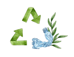 Watercolor illustration of a garbage recycling sign with a plastic bottle and green grass sprouts. Ecological design reuse symbol. Wasteless lifestyle. Isolated. Hand drawn. png