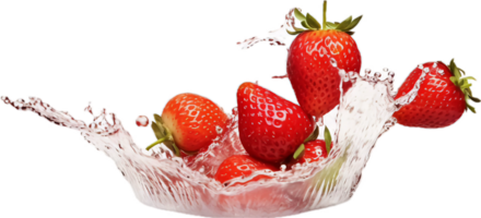 AI generated fresh strawberries falling into water with splash png