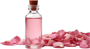 ai generiert Rose wesentlich Öl im ein Glas Flasche mit Rose Blütenblätter png